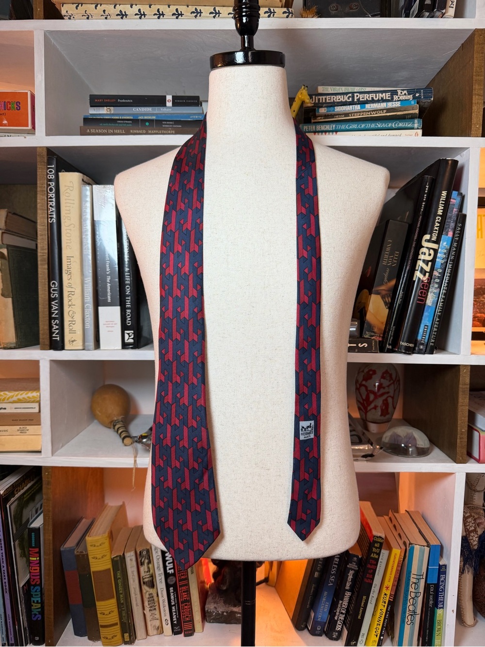 Hermes 1970’s Navy and Burgundy Patterned Silk Tie
